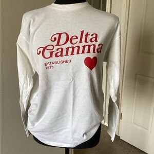 Sorority Delta Gamma White Long Sleeve Tee with Red Print